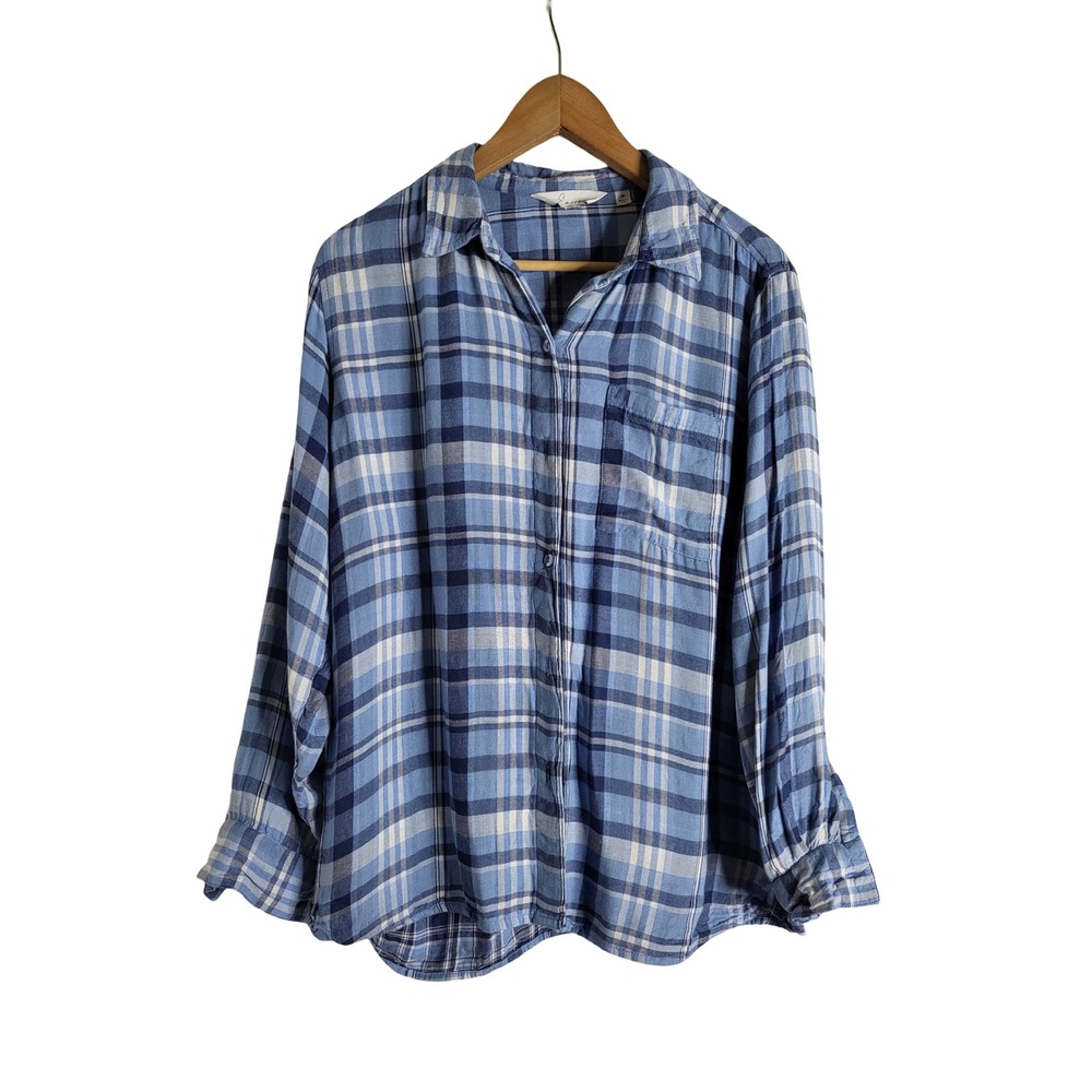 Encore by Idina Menzel Blue Plaid Viscose Button Front Shirt Womens M Campcore